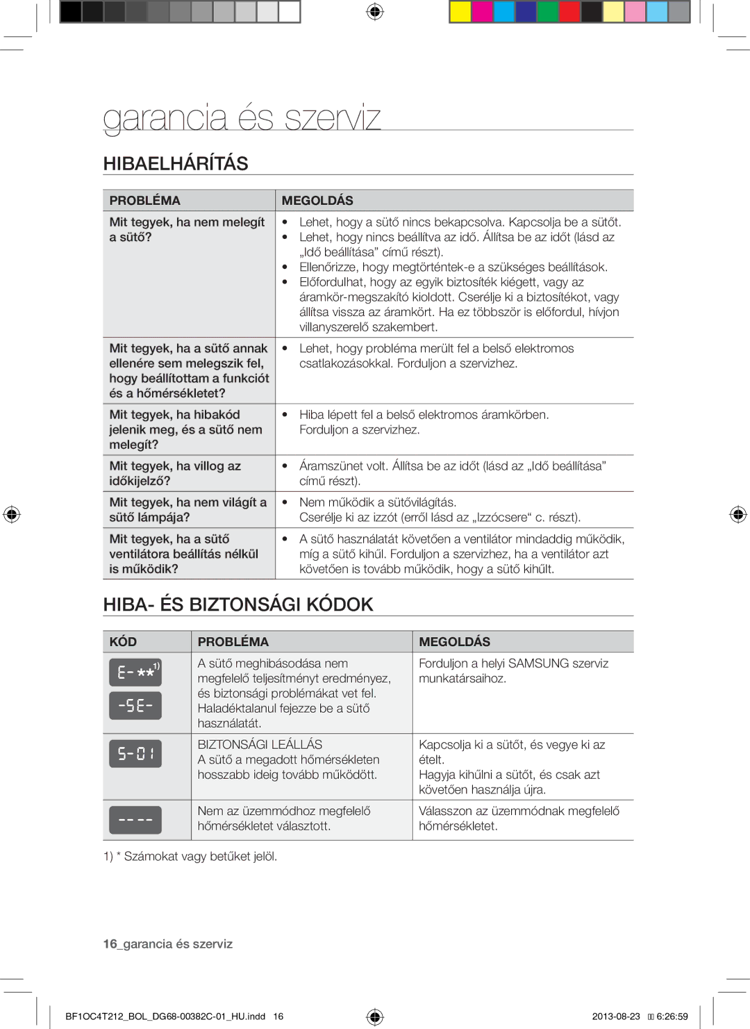 Samsung BF1OC4T212/BOL manual Garancia és szerviz, Hibaelhárítás, HIBA- ÉS Biztonsági Kódok, Biztonsági Leállás 