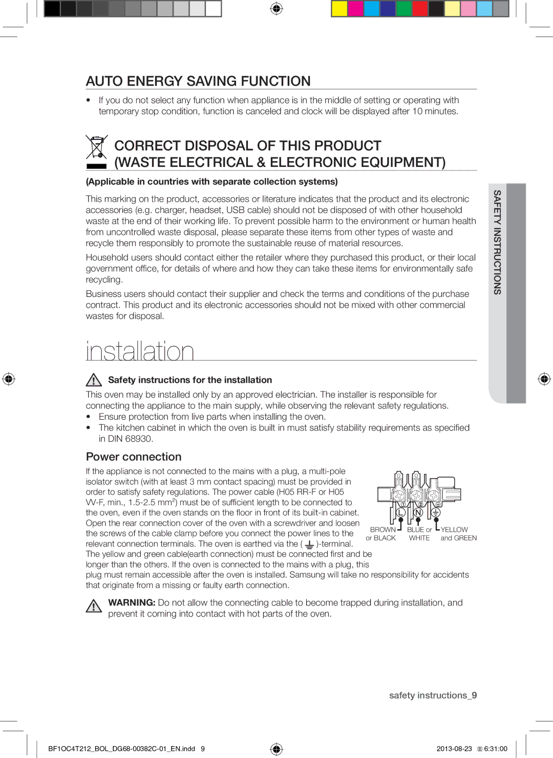 Samsung BF1OC4T212/BOL manual Installation, Auto Energy Saving Function, Power connection 