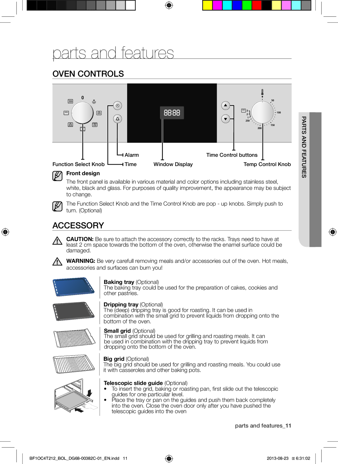 Samsung BF1OC4T212/BOL manual Parts and features, Oven Controls, Accessory 