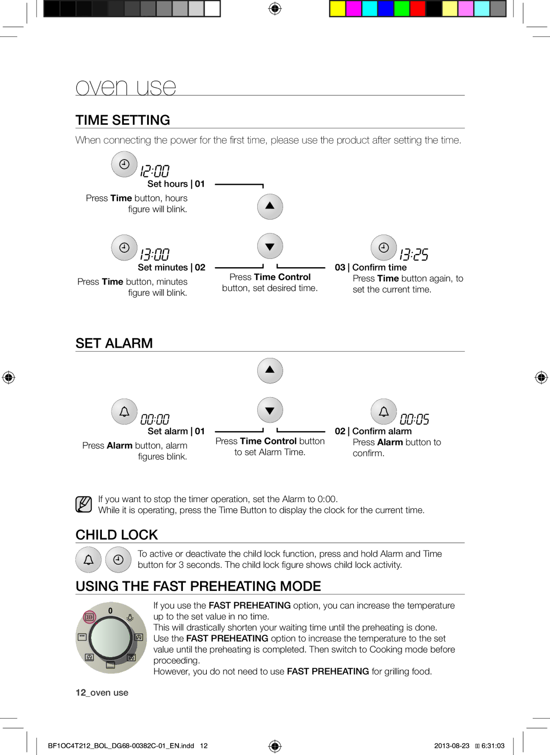 Samsung BF1OC4T212/BOL manual Oven use, Time Setting, SET Alarm, Child Lock, Using the Fast Preheating Mode 