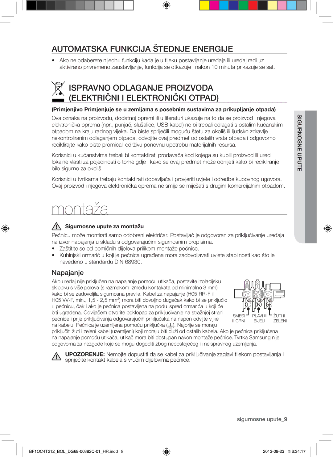 Samsung BF1OC4T212/BOL manual Montaža, Automatska Funkcija Štednje Energije, Napajanje, Sigurnosne upute za montažu 