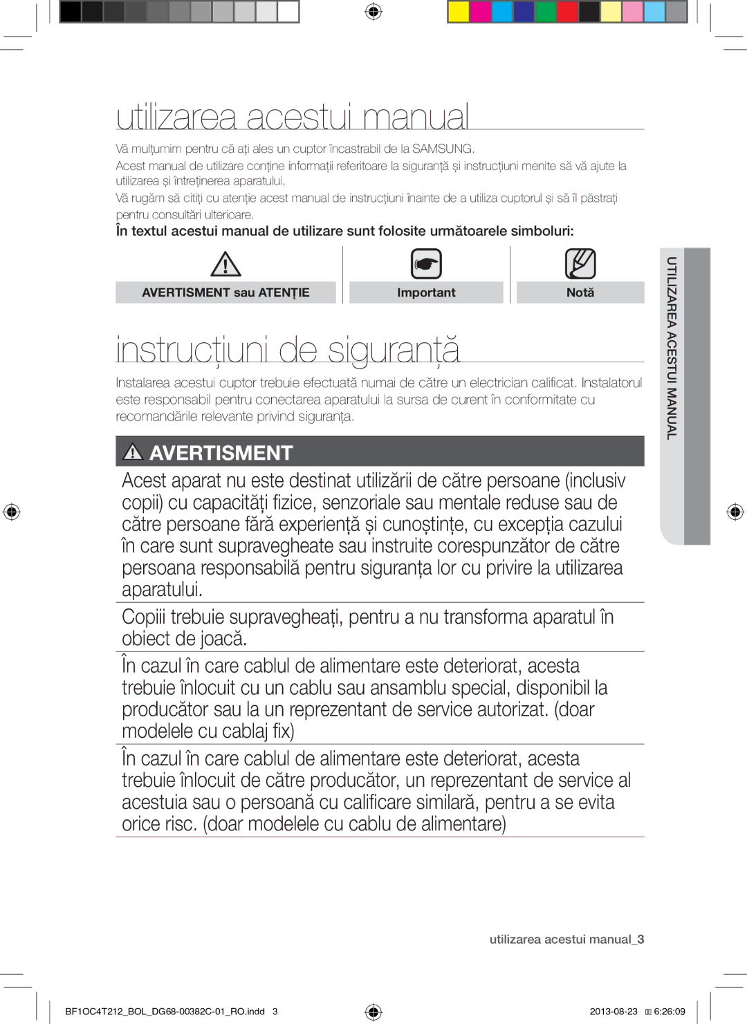 Samsung BF1OC4T212/BOL Utilizarea acestui manual, Instrucţiuni de siguranţă, Avertisment sau Atenţie Notă 