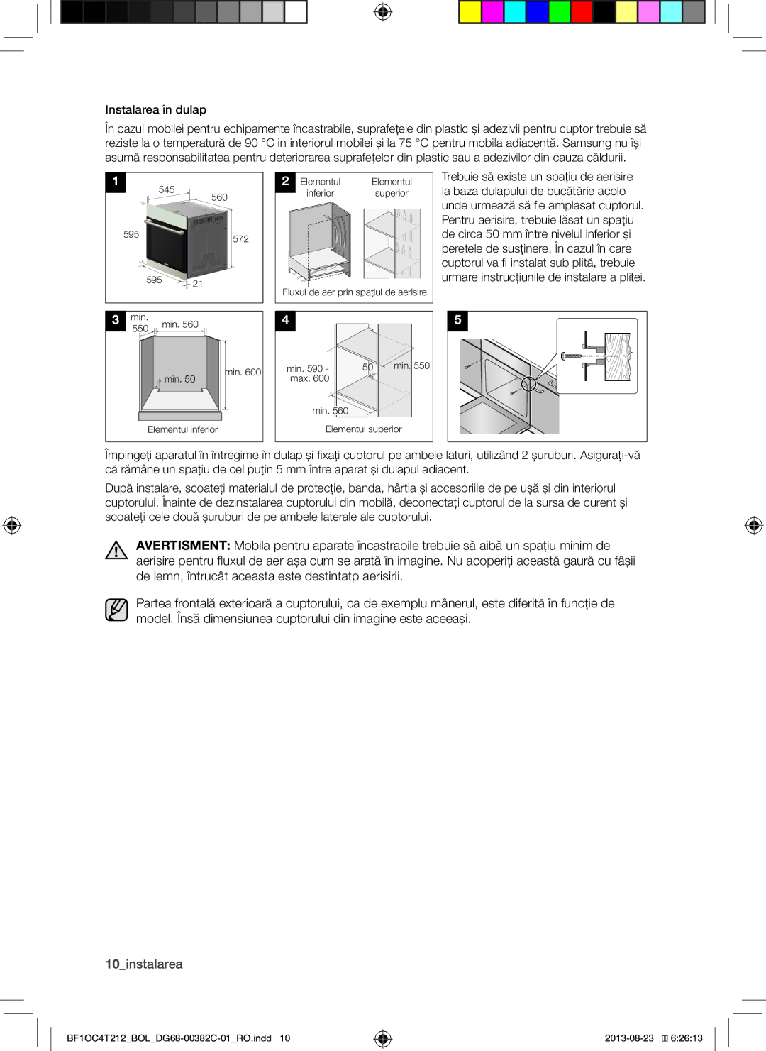 Samsung BF1OC4T212/BOL manual 10instalarea, Instalarea în dulap 