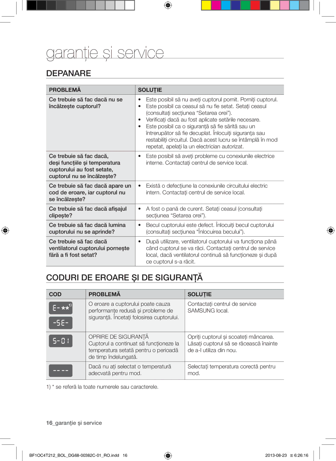 Samsung BF1OC4T212/BOL manual Garanţie şi service, Depanare, Coduri DE Eroare ŞI DE Siguranţă, Oprire DE Siguranţă 