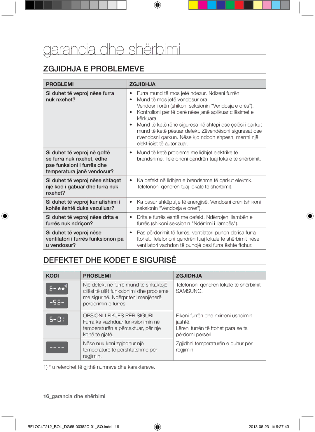 Samsung BF1OC4T212/BOL manual Garancia dhe shërbimi, Zgjidhja E Problemeve, Defektet DHE Kodet E Sigurisë 