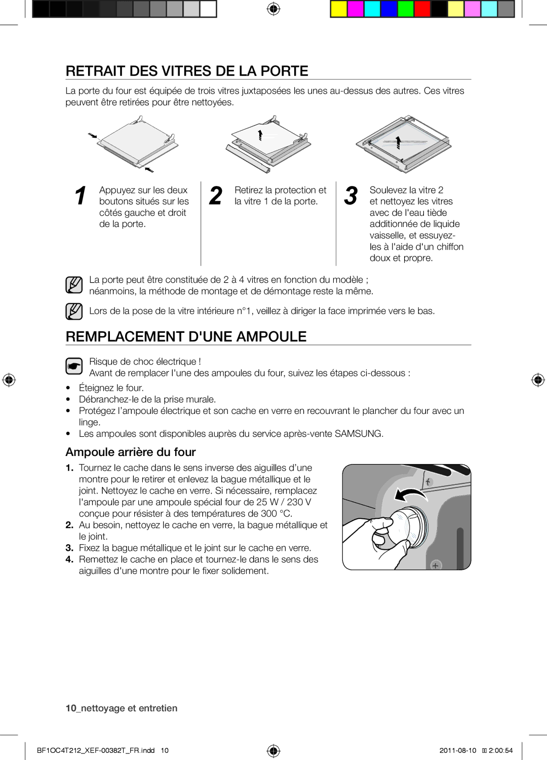 Samsung BF1OC4T212/XEF manual Retrait des vitres de la porte, Remplacement dune ampoule, Ampoule arrière du four 