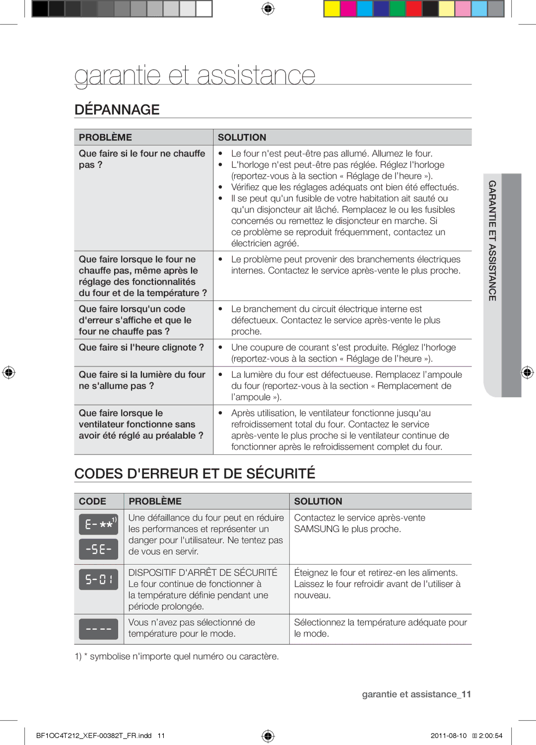 Samsung BF1OC4T212/XEF manual Garantie et assistance, Dépannage, Codes derreur et de sécurité 