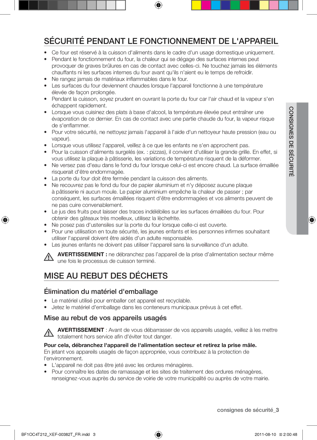 Samsung BF1OC4T212/XEF manual Sécurité pendant le fonctionnement de lappareil, Mise au rebut des déchets 