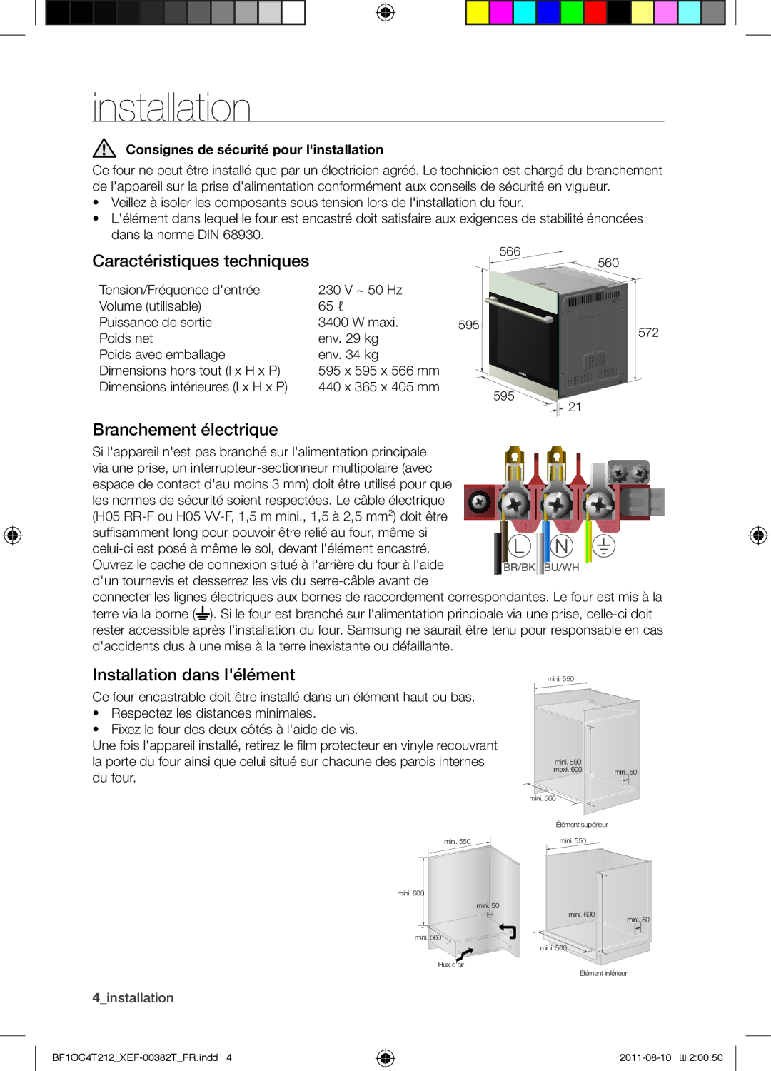 Samsung BF1OC4T212/XEF manual Caractéristiques techniques, Branchement électrique, Installation dans lélément 