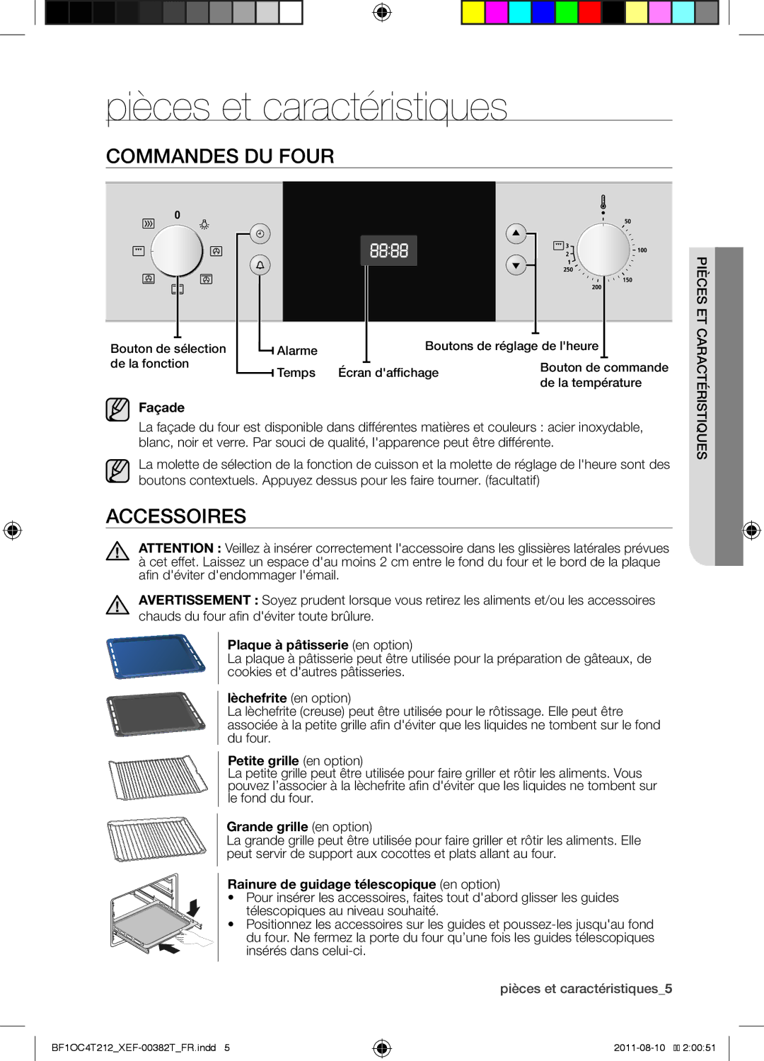 Samsung BF1OC4T212/XEF manual Pièces et caractéristiques, Commandes du four, Accessoires 