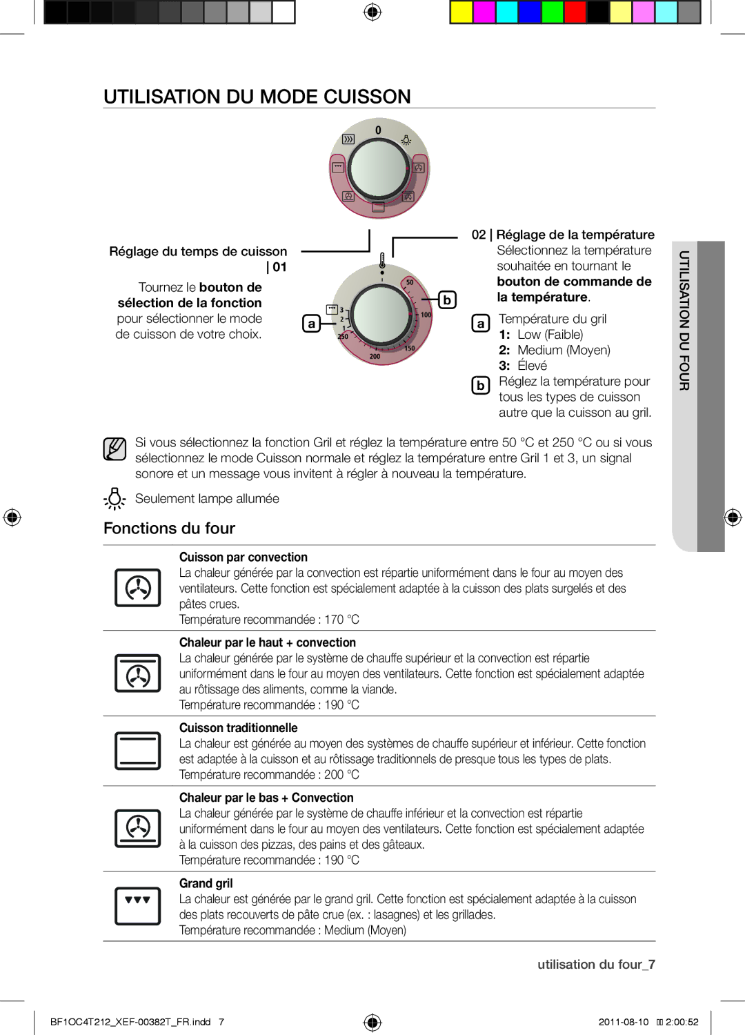 Samsung BF1OC4T212/XEF manual Utilisation du mode Cuisson, Fonctions du four 