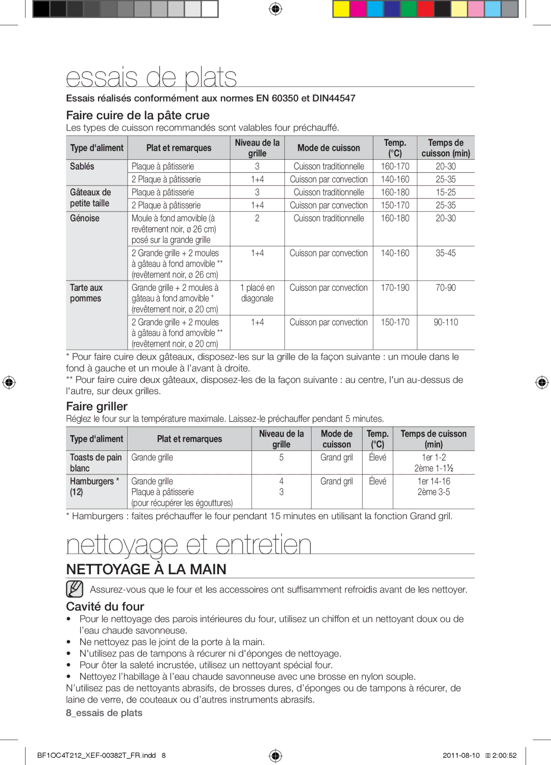 Samsung BF1OC4T212/XEF manual Essais de plats, Nettoyage et entretien, Nettoyage à la main 