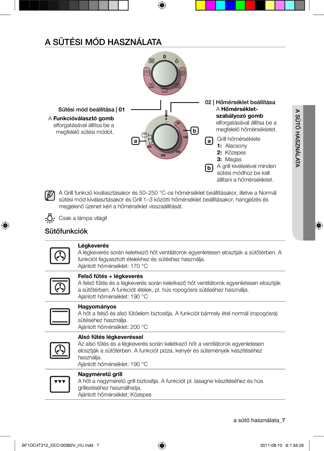 Samsung BF1OC4T212/XEO manual Sütési mód használata, Sütőfunkciók 