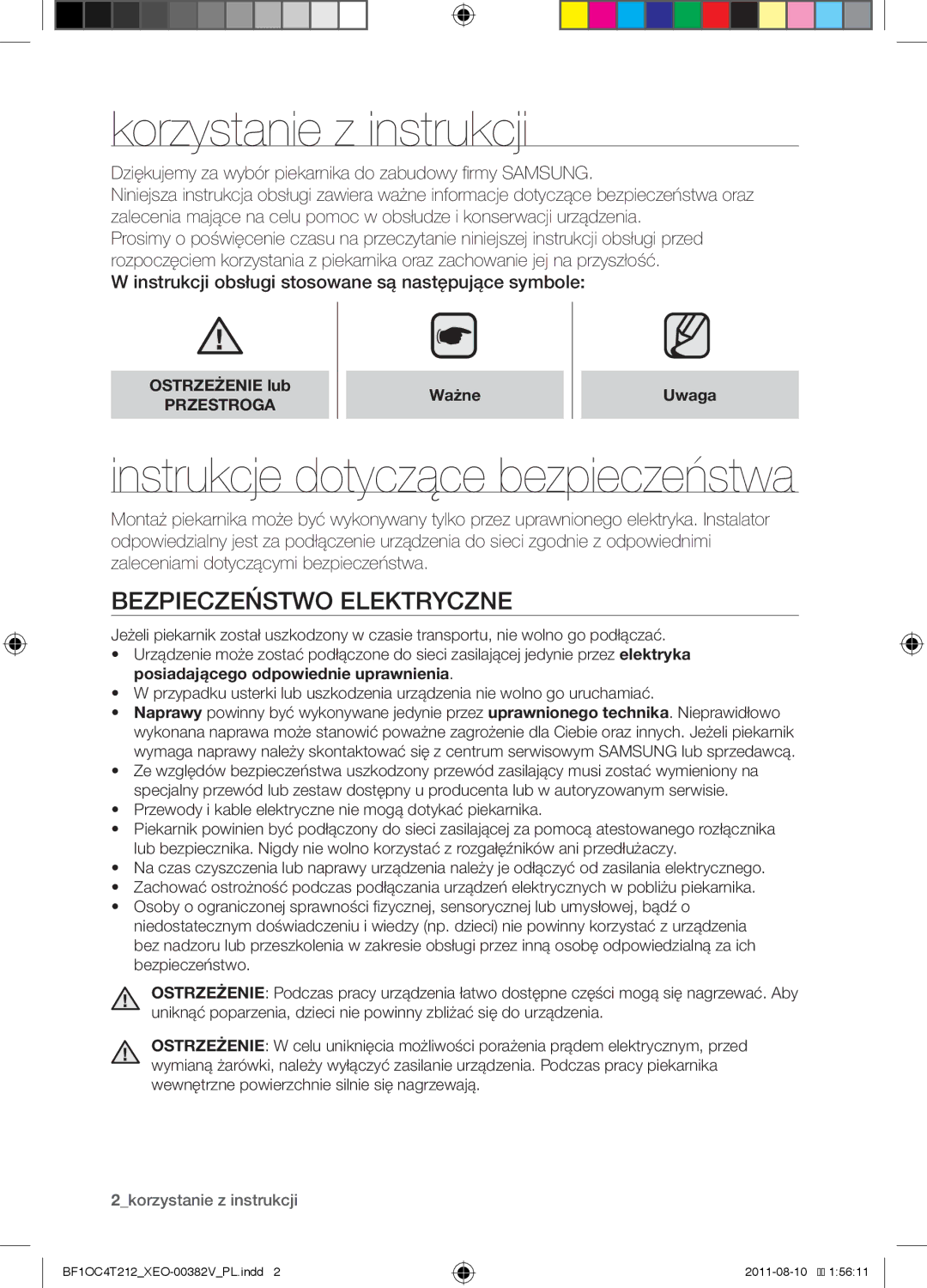 Samsung BF1OC4T212/XEO manual Korzystanie z instrukcji, Instrukcje dotyczące bezpieczeństwa, Bezpieczeństwo elektryczne 