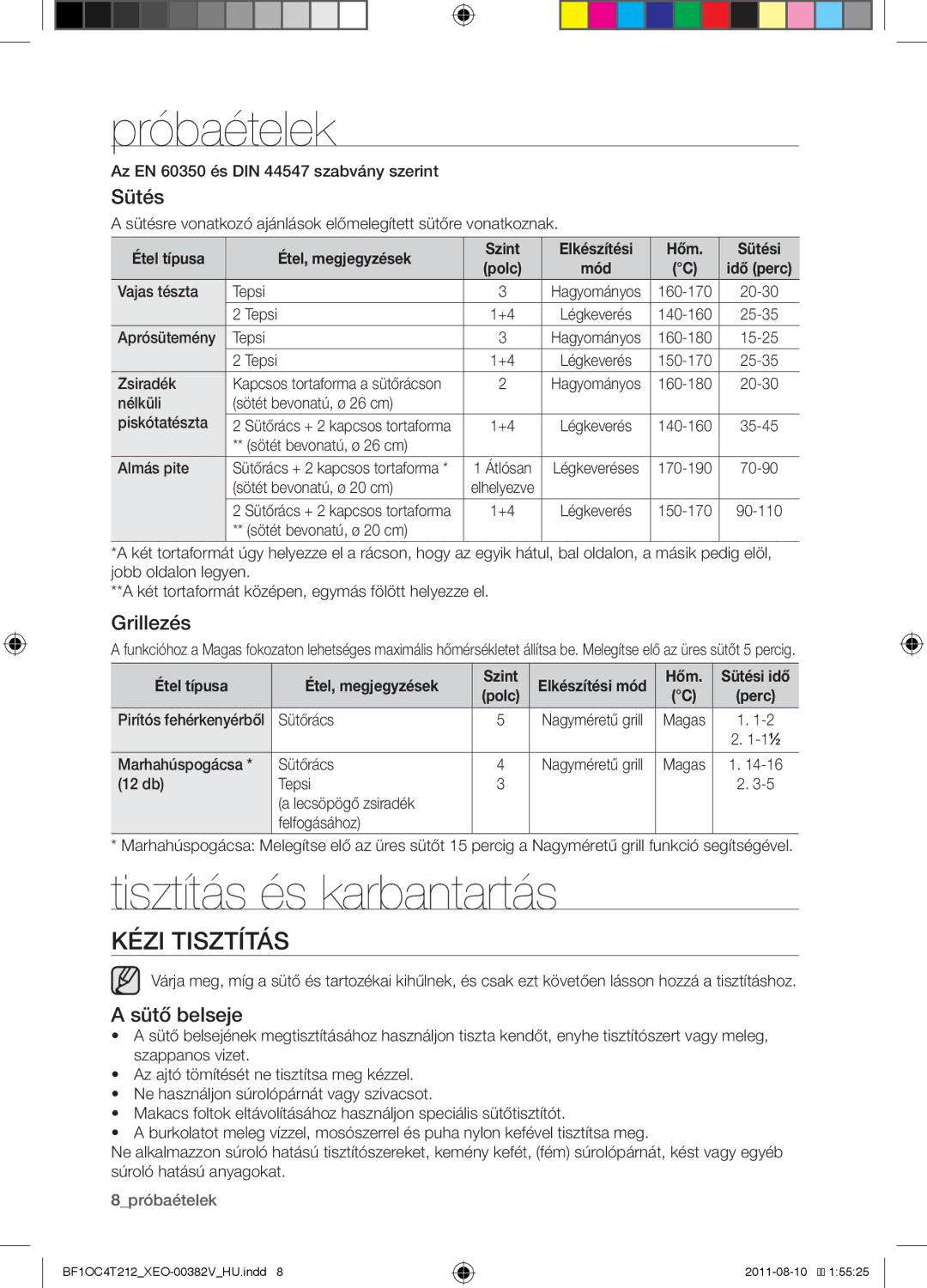 Samsung BF1OC4T212/XEO manual Próbaételek, Tisztítás és karbantartás, Kézi tisztítás 