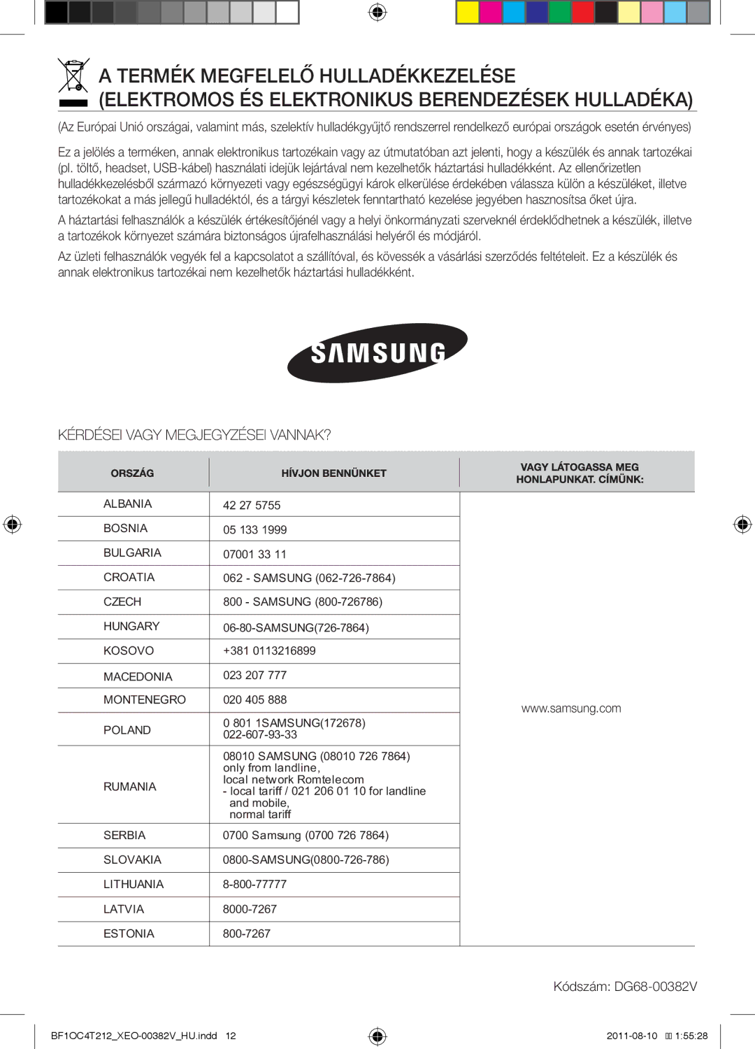 Samsung BF1OC4T212/XEO manual Kódszám DG68-00382V 