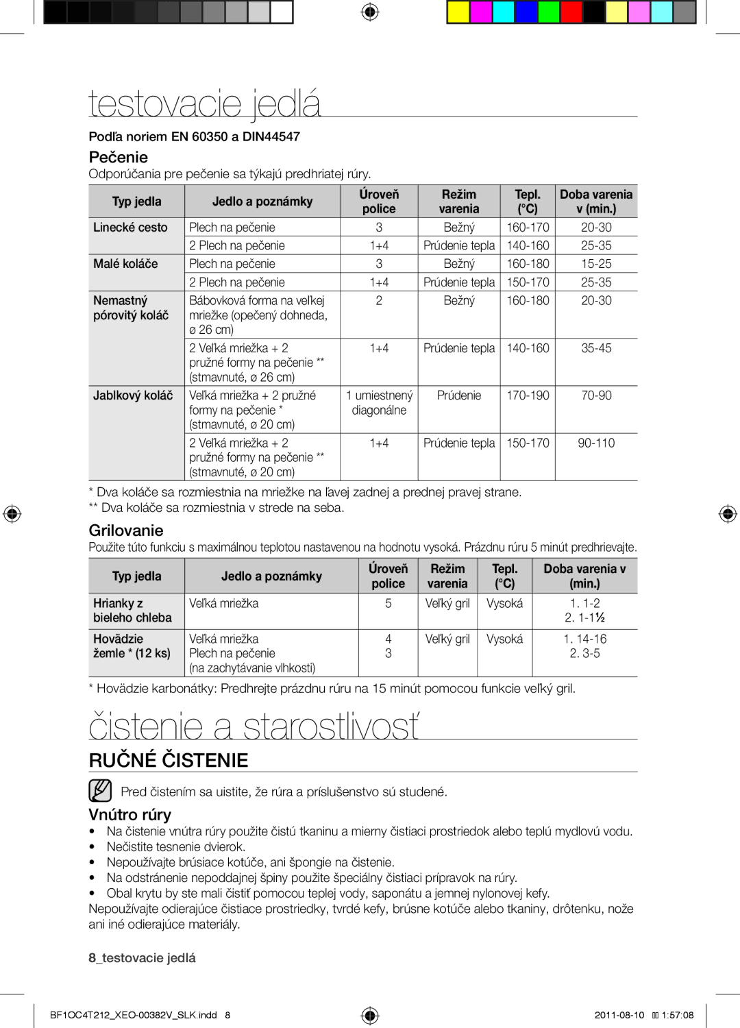 Samsung BF1OC4T212/XEO manual Testovacie jedlá, Čistenie a starostlivosť, Ručné čistenie 