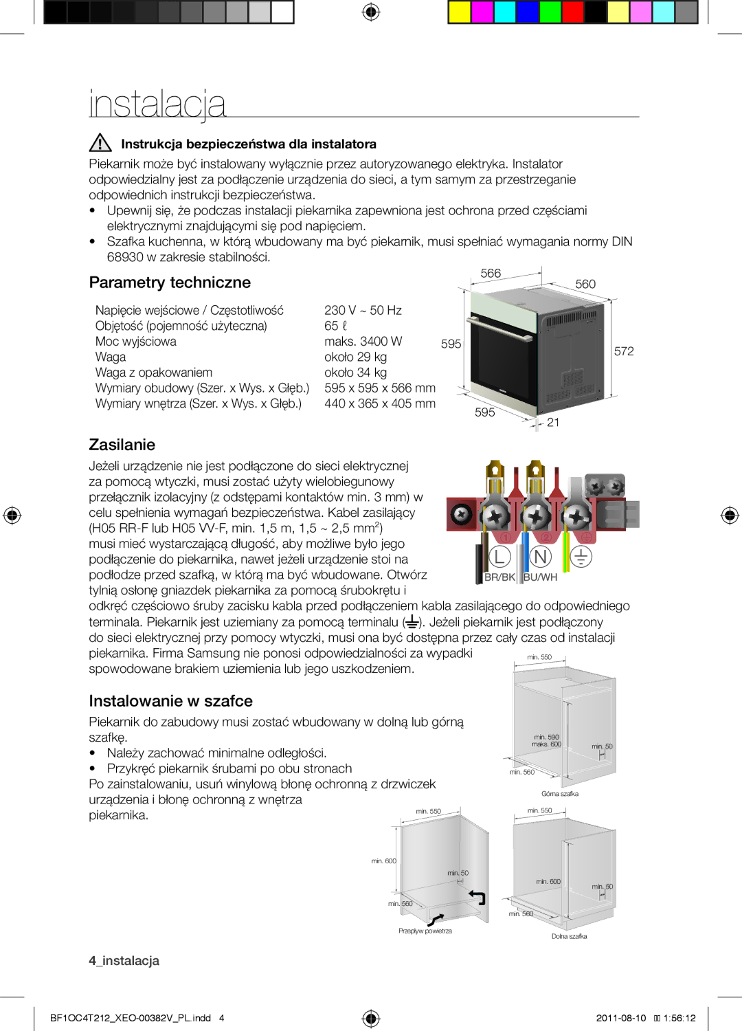 Samsung BF1OC4T212/XEO manual Instalacja, Parametry techniczne, Zasilanie, Instalowanie w szafce 