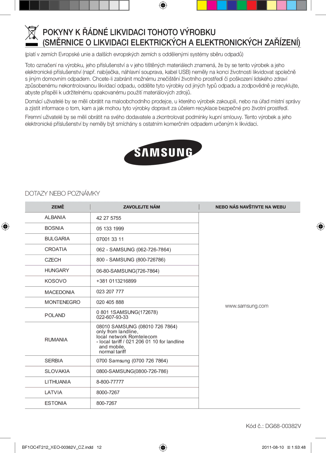 Samsung BF1OC4T212/XEO manual Kód č. DG68-00382V 