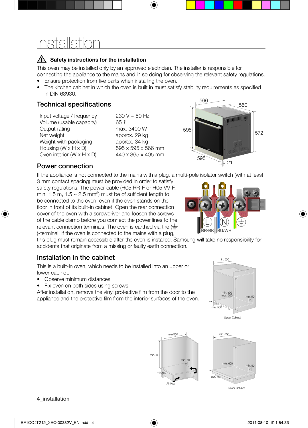 Samsung BF1OC4T212/XEO manual Technical specifications, Power connection, Installation in the cabinet 