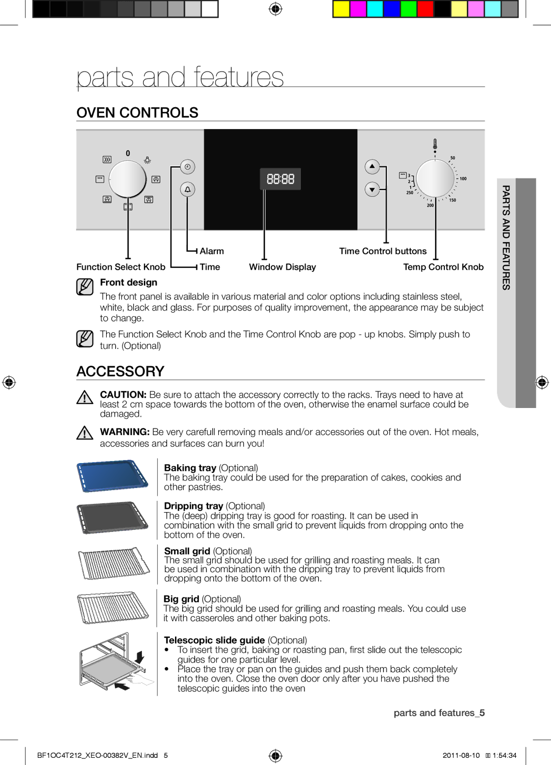 Samsung BF1OC4T212/XEO manual Parts and features, Oven controls, Accessory 