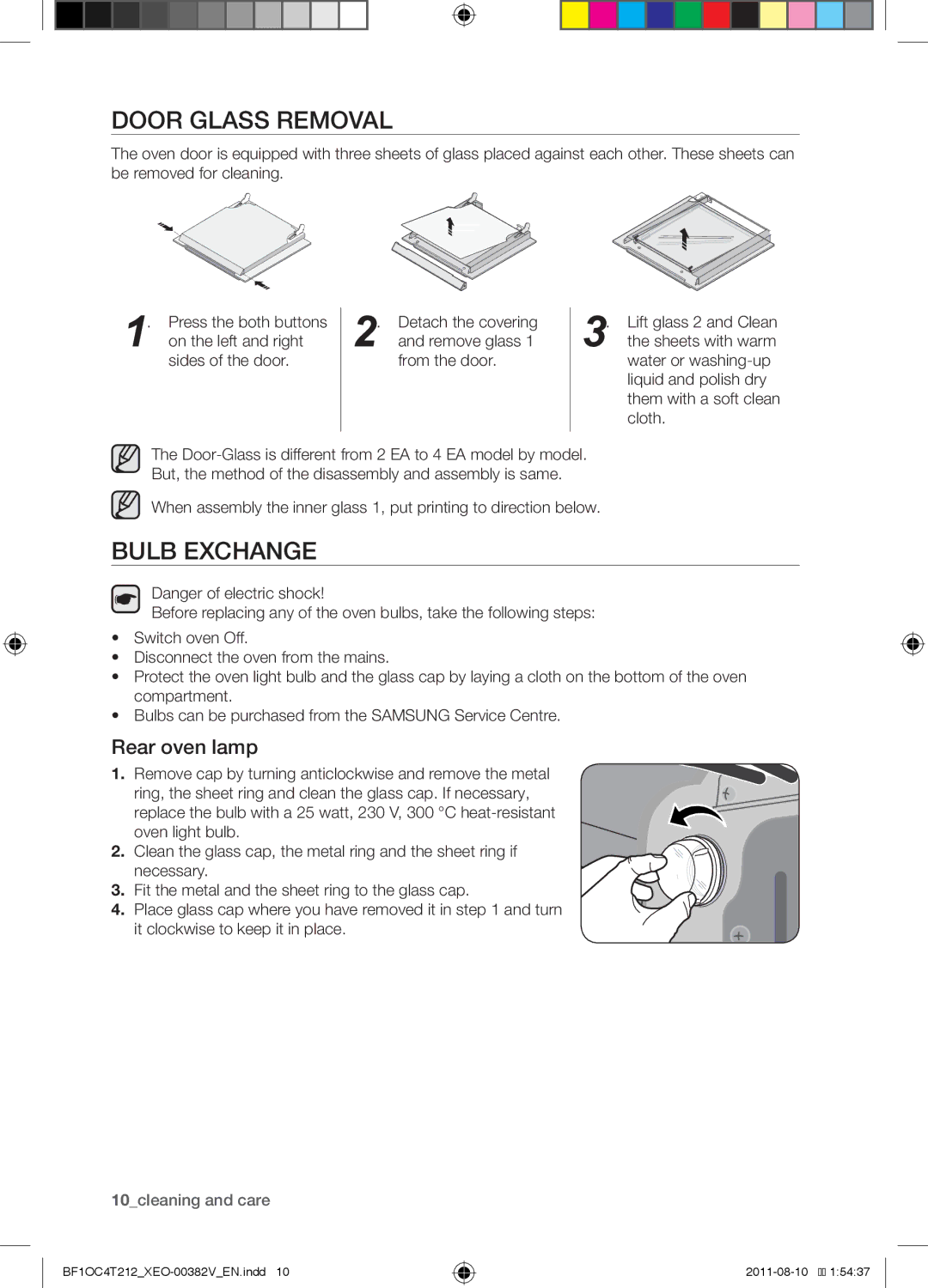 Samsung BF1OC4T212/XEO manual Door Glass Removal, Bulb Exchange, Rear oven lamp, Sides of the door 