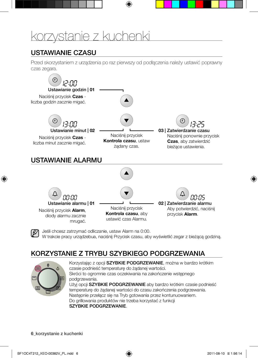 Samsung BF1OC4T212/XEO manual Korzystanie z kuchenki, Ustawianie czasu, Ustawianie alarmu 