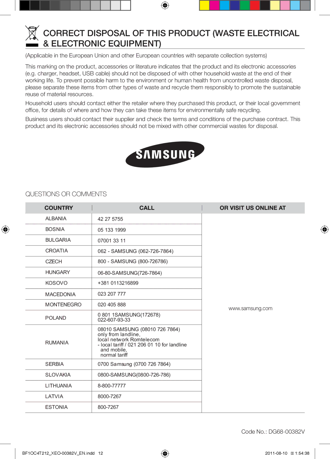 Samsung BF1OC4T212/XEO manual Code No. DG68-00382V 