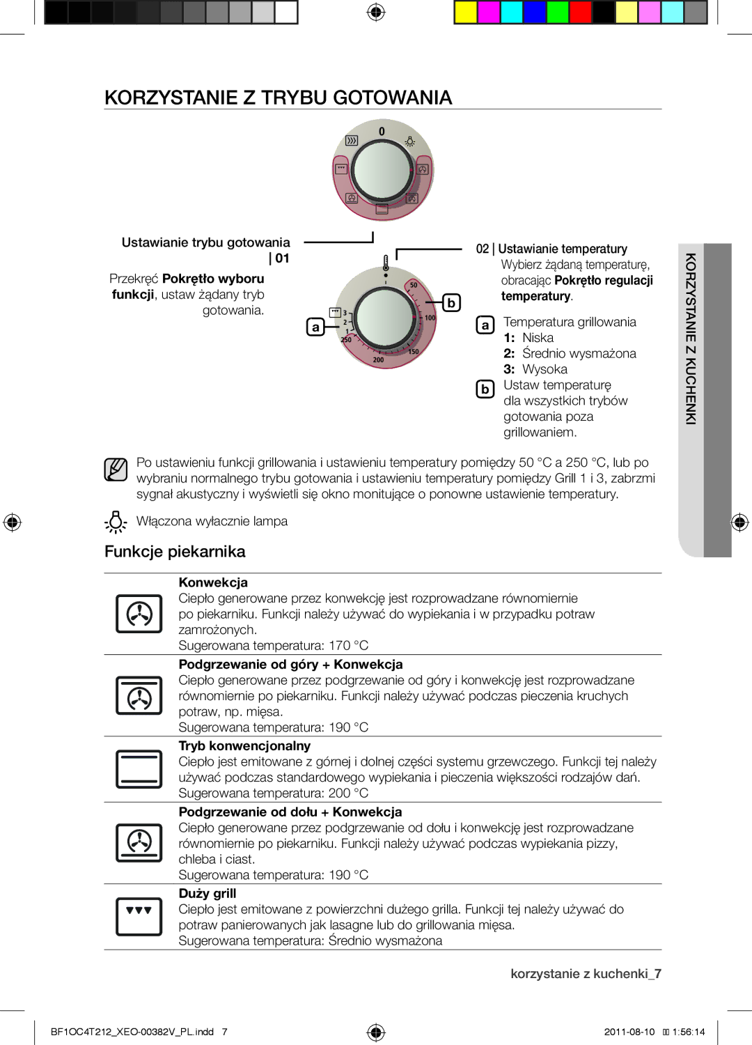 Samsung BF1OC4T212/XEO manual Korzystanie z Trybu gotowania, Funkcje piekarnika 