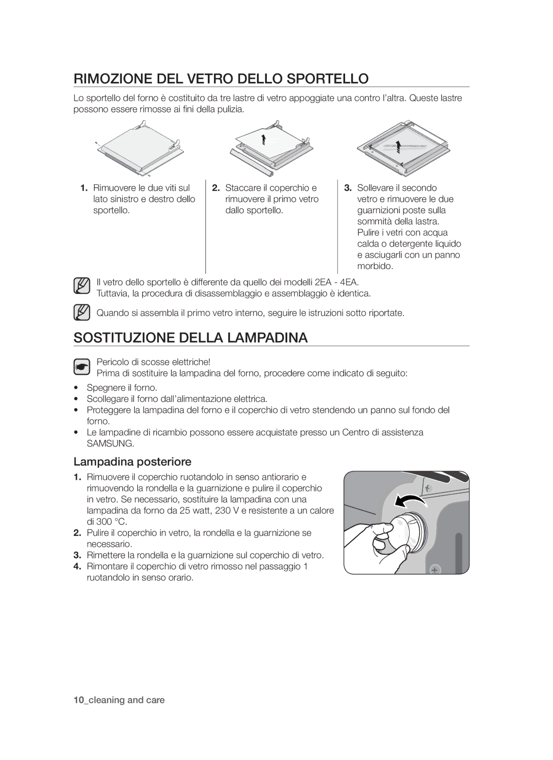 Samsung BF3N1T072/XET manual Rimozione del vetro dello sportello, Sostituzione della lampadina, Lampadina posteriore 