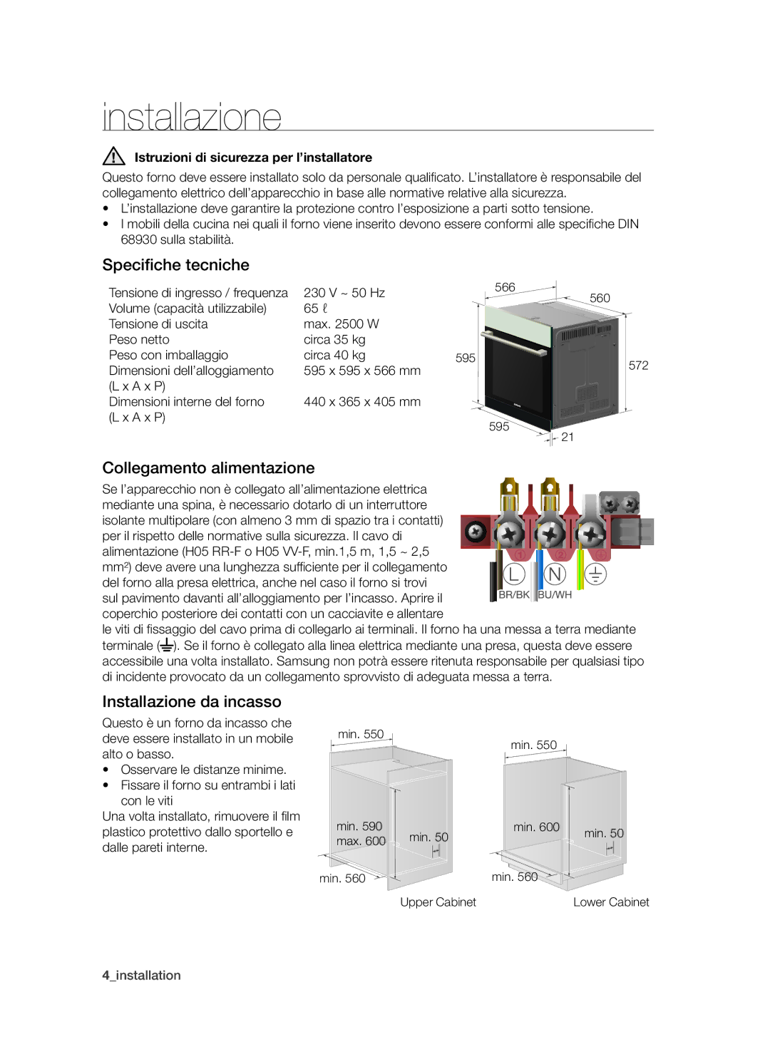 Samsung BF3N1T072/XET manual Specifiche tecniche, Collegamento alimentazione, Installazione da incasso 