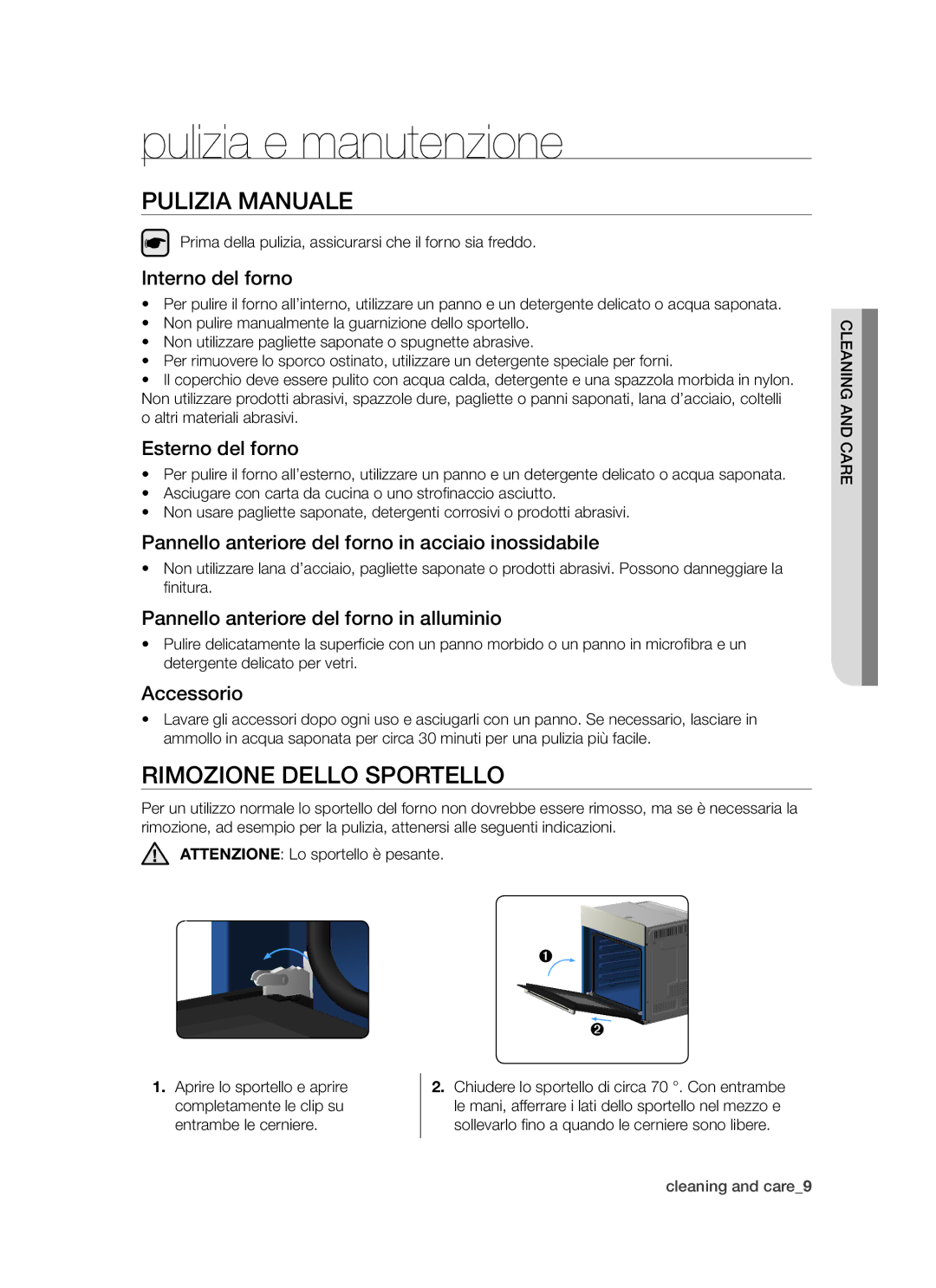 Samsung BF3N1T072/XET Pulizia e manutenzione, Pulizia manuale, Rimozione dello sportello 