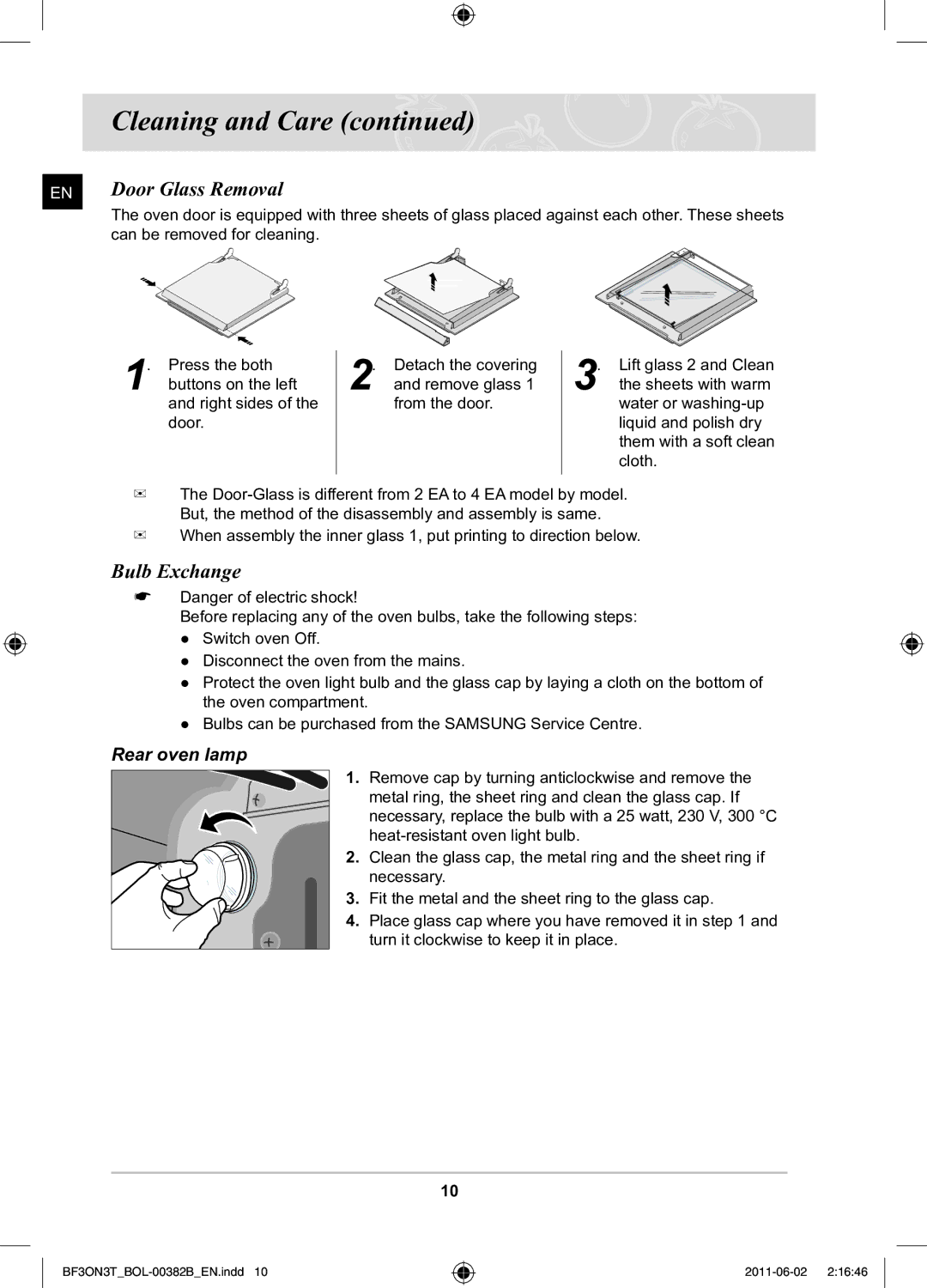 Samsung BF3ON3T011/BOL, PKG100/BOL manual Door Glass Removal, Bulb Exchange 