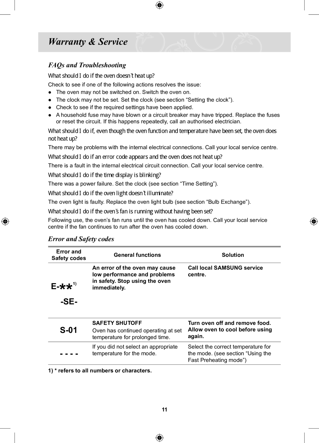 Samsung PKG100/BOL, BF3ON3T011/BOL manual Warranty & Service, Error and Safety codes, Error General functions Solution 