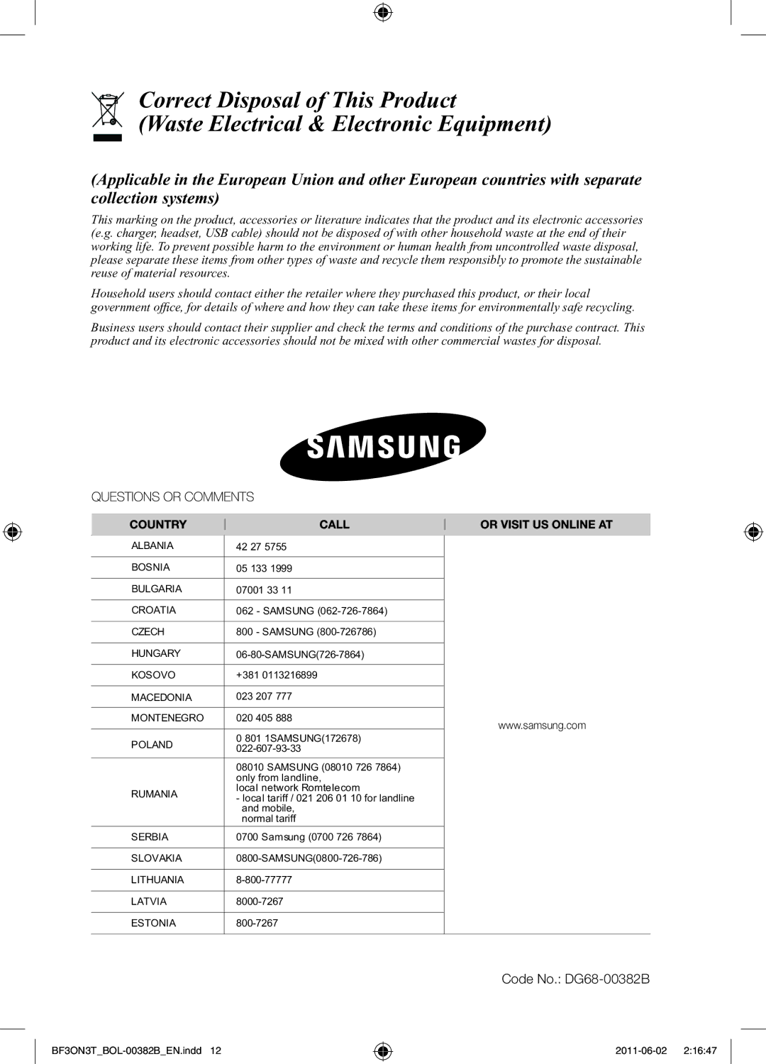 Samsung BF3ON3T011/BOL, PKG100/BOL manual Code No. DG68-00382B 