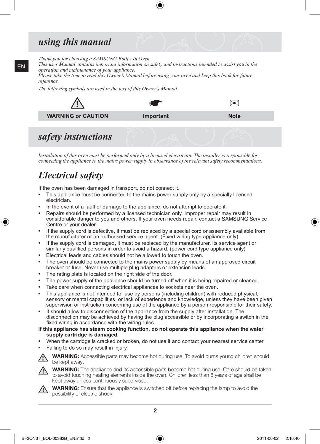 Samsung BF3ON3T011/BOL, PKG100/BOL Using this manual, Safety instructions, Electrical safety 