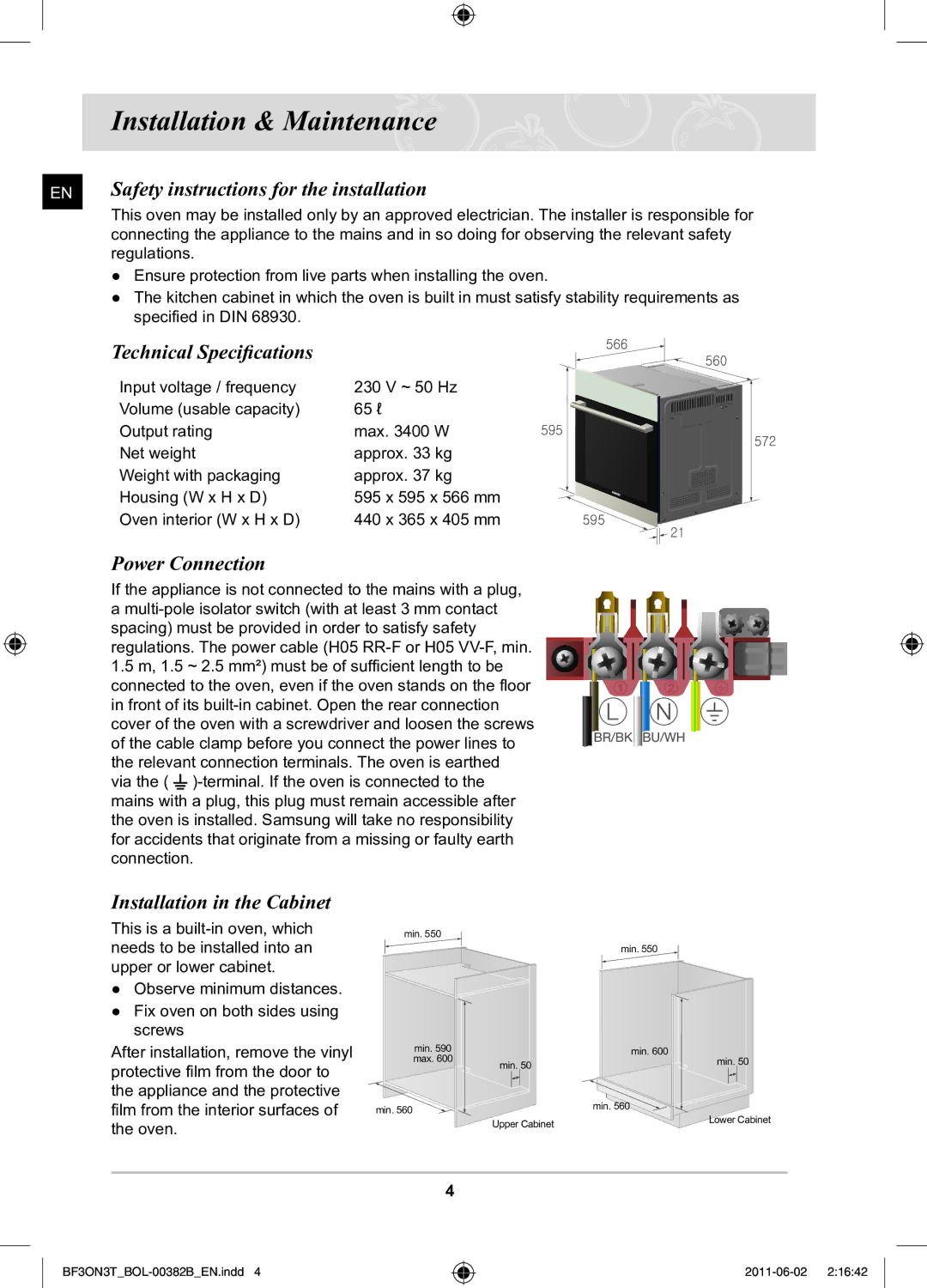 Samsung BF3ON3T011/BOL Installation & Maintenance, Safety instructions for the installation, Technical Specifications 