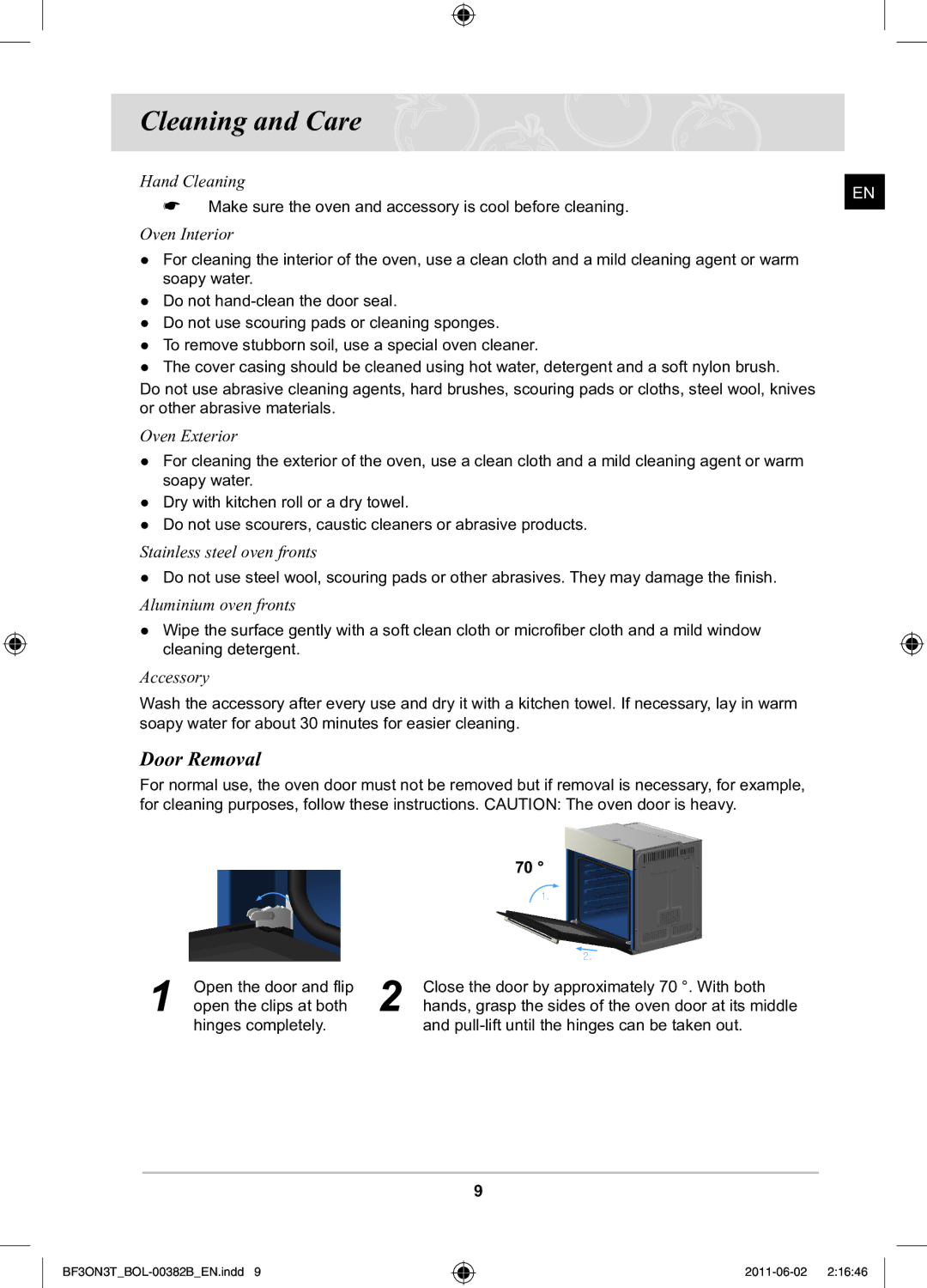 Samsung PKG100/BOL, BF3ON3T011/BOL manual Cleaning and Care, Door Removal 