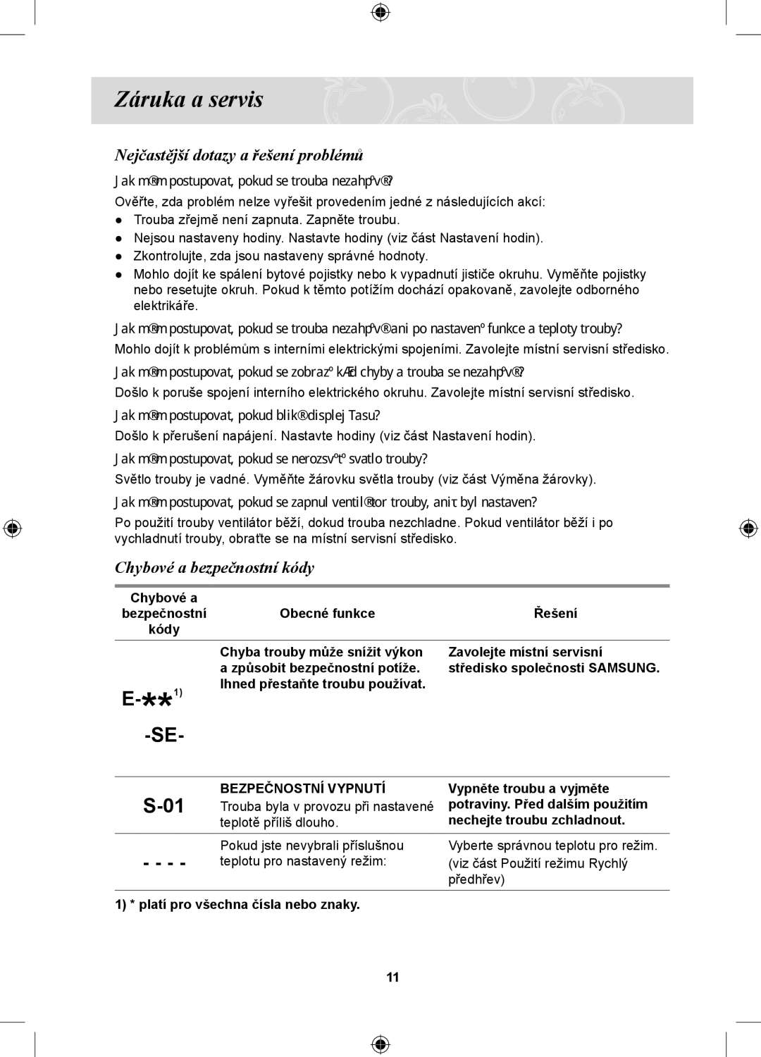 Samsung PKG100/BOL, BF3ON3T011/BOL manual Záruka a servis, Chybové a bezpečnostní kódy 