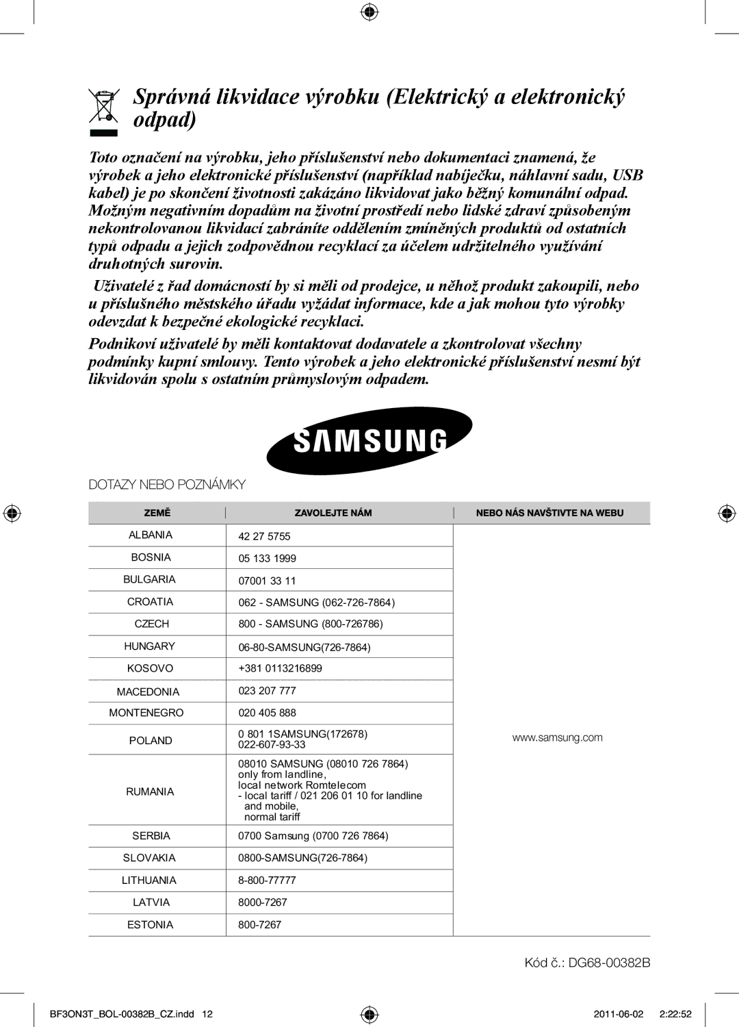 Samsung BF3ON3T011/BOL, PKG100/BOL manual Správná likvidace výrobku Elektrický a elektronický odpad, Albania 