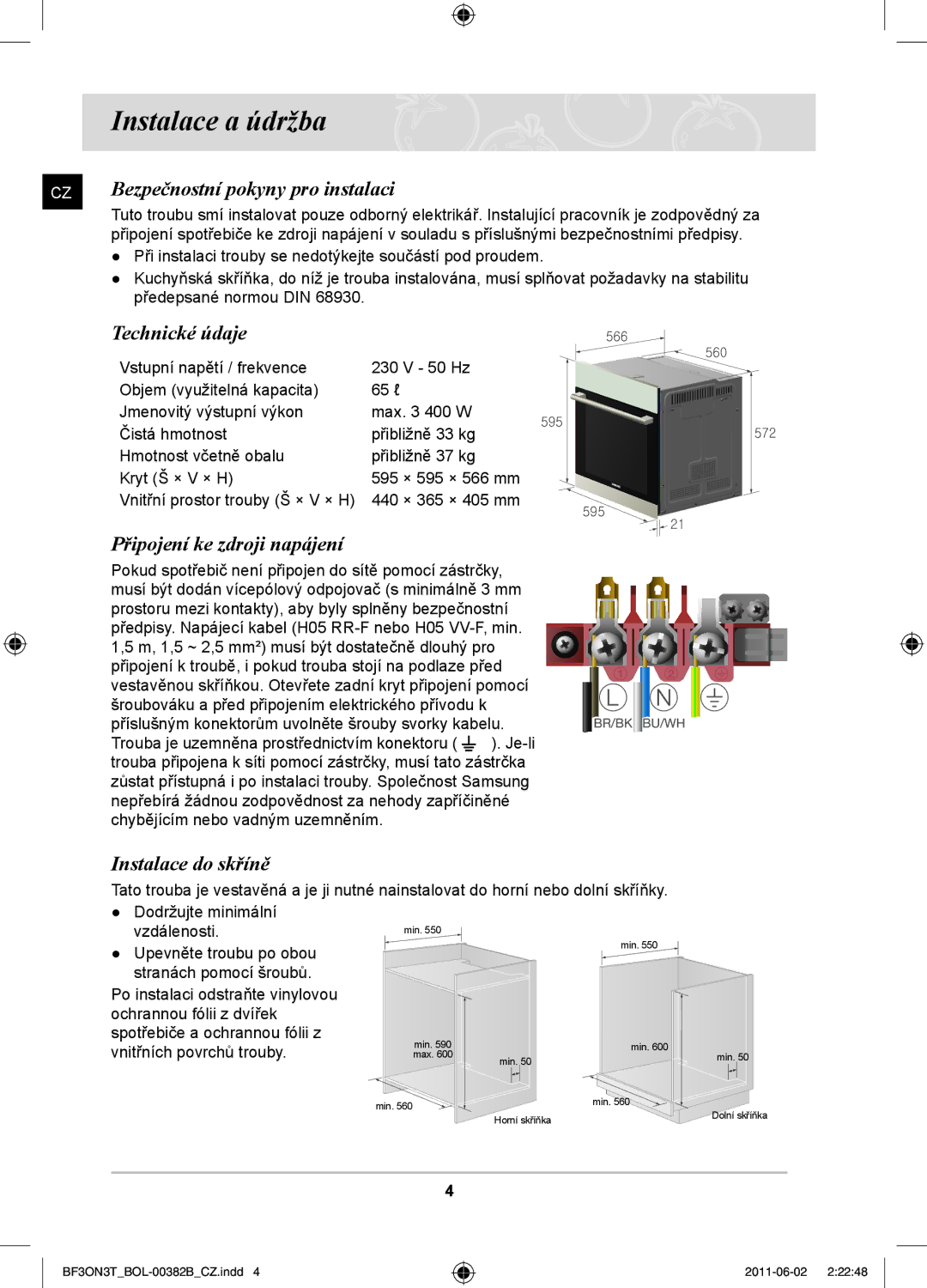 Samsung BF3ON3T011/BOL manual Instalace a údržba, Bezpečnostní pokyny pro instalaci, Technické údaje, Instalace do skříně 