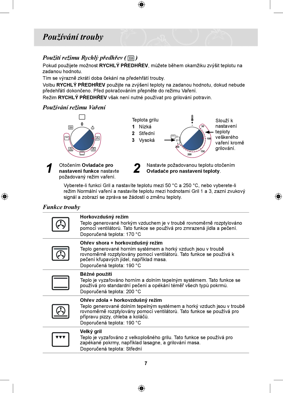 Samsung PKG100/BOL manual Používání trouby, Použití režimu Rychlý předhřev, Používání režimu Vaření, Funkce trouby 