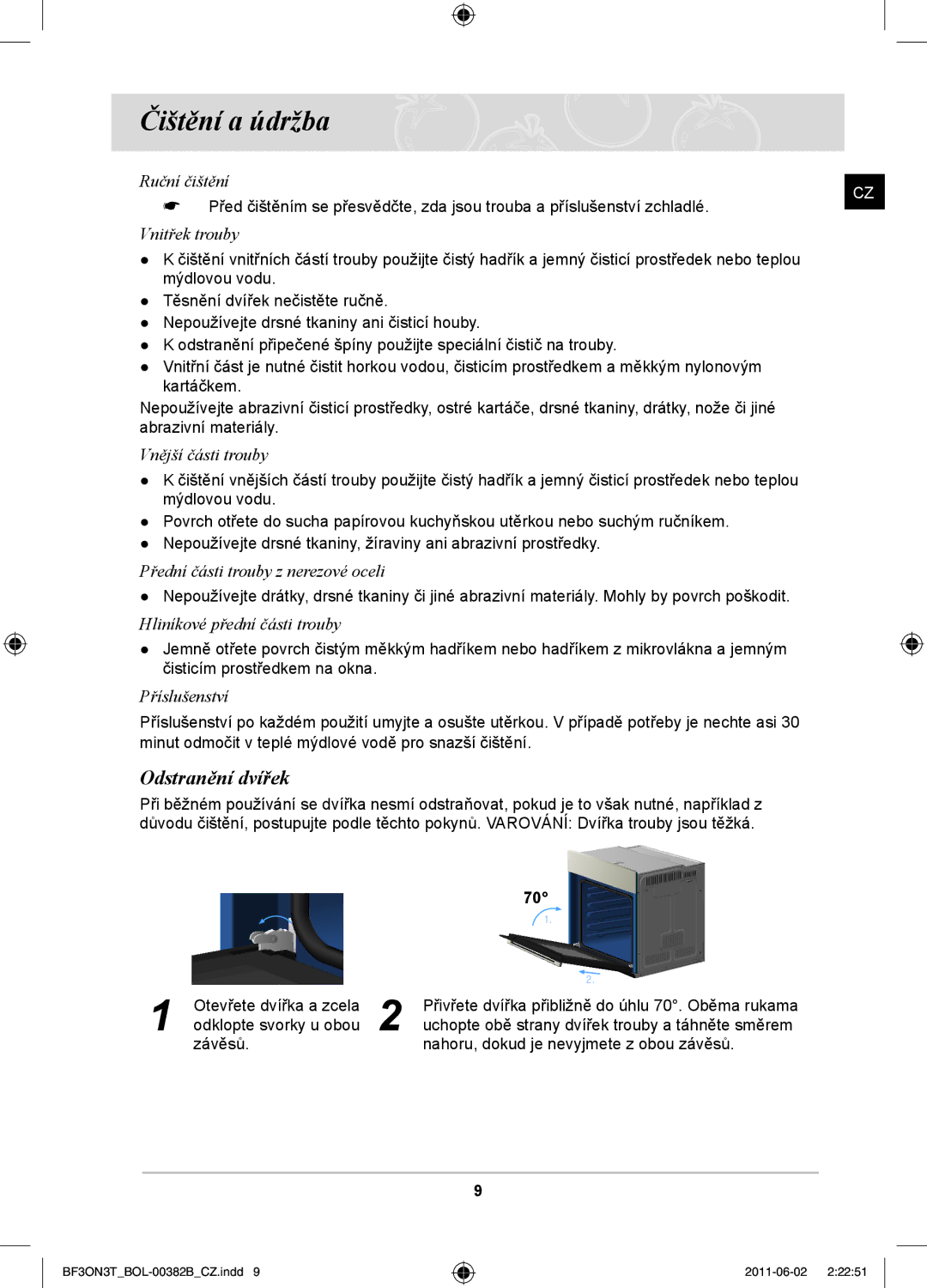 Samsung PKG100/BOL, BF3ON3T011/BOL manual Čištění a údržba, Odstranění dvířek 