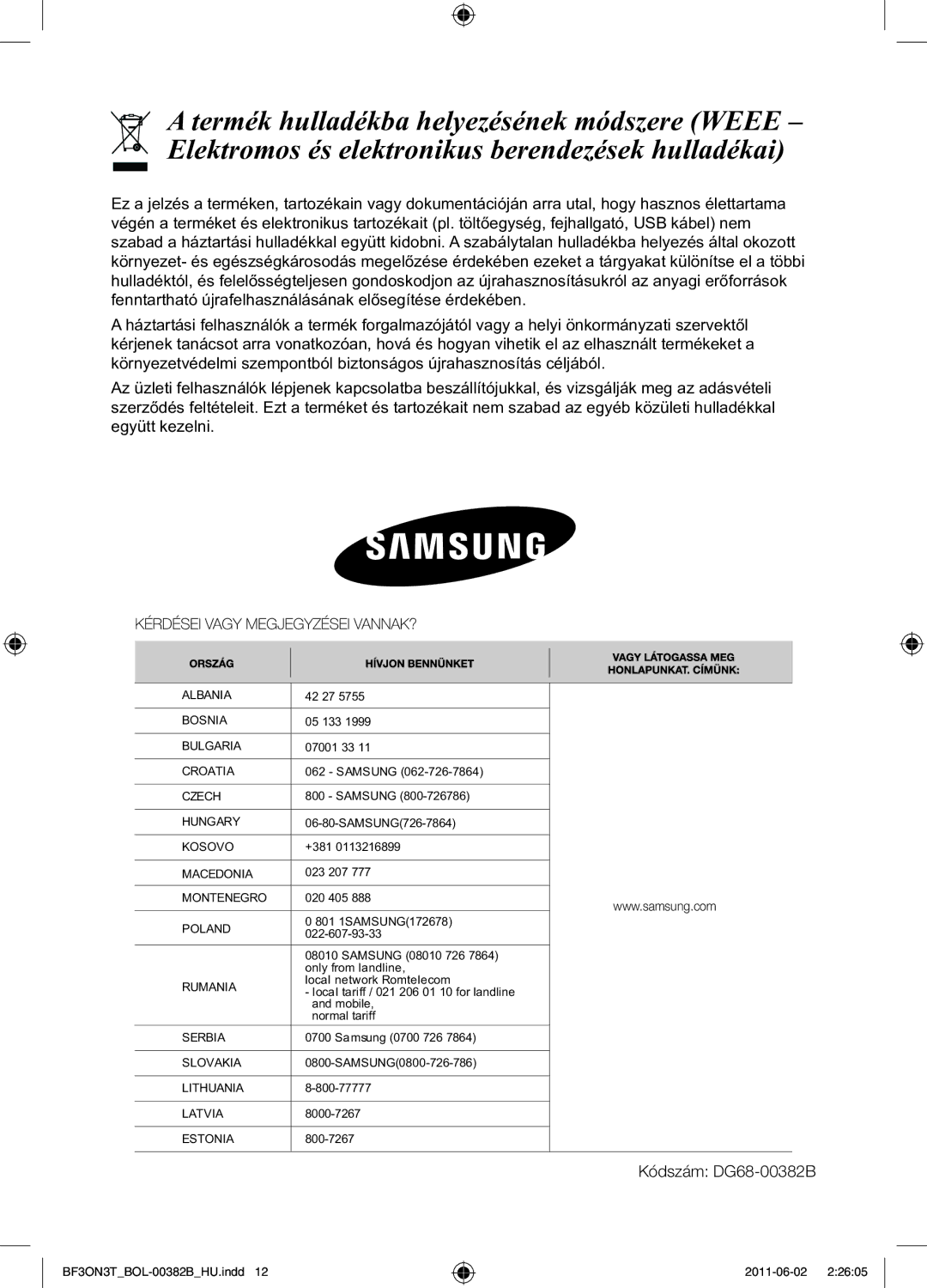 Samsung BF3ON3T011/BOL, PKG100/BOL manual Kódszám DG68-00382B 