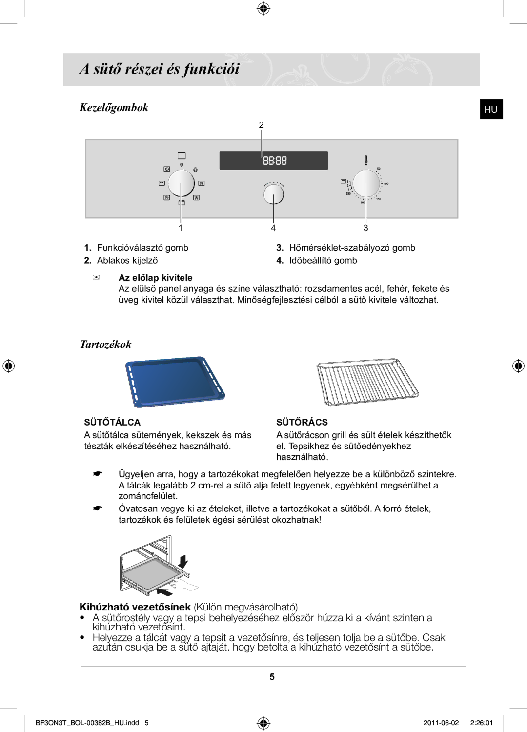 Samsung PKG100/BOL manual Sütő részei és funkciói, Kezelőgombok, Tartozékok, Kihúzható vezetősínek Külön megvásárolható 