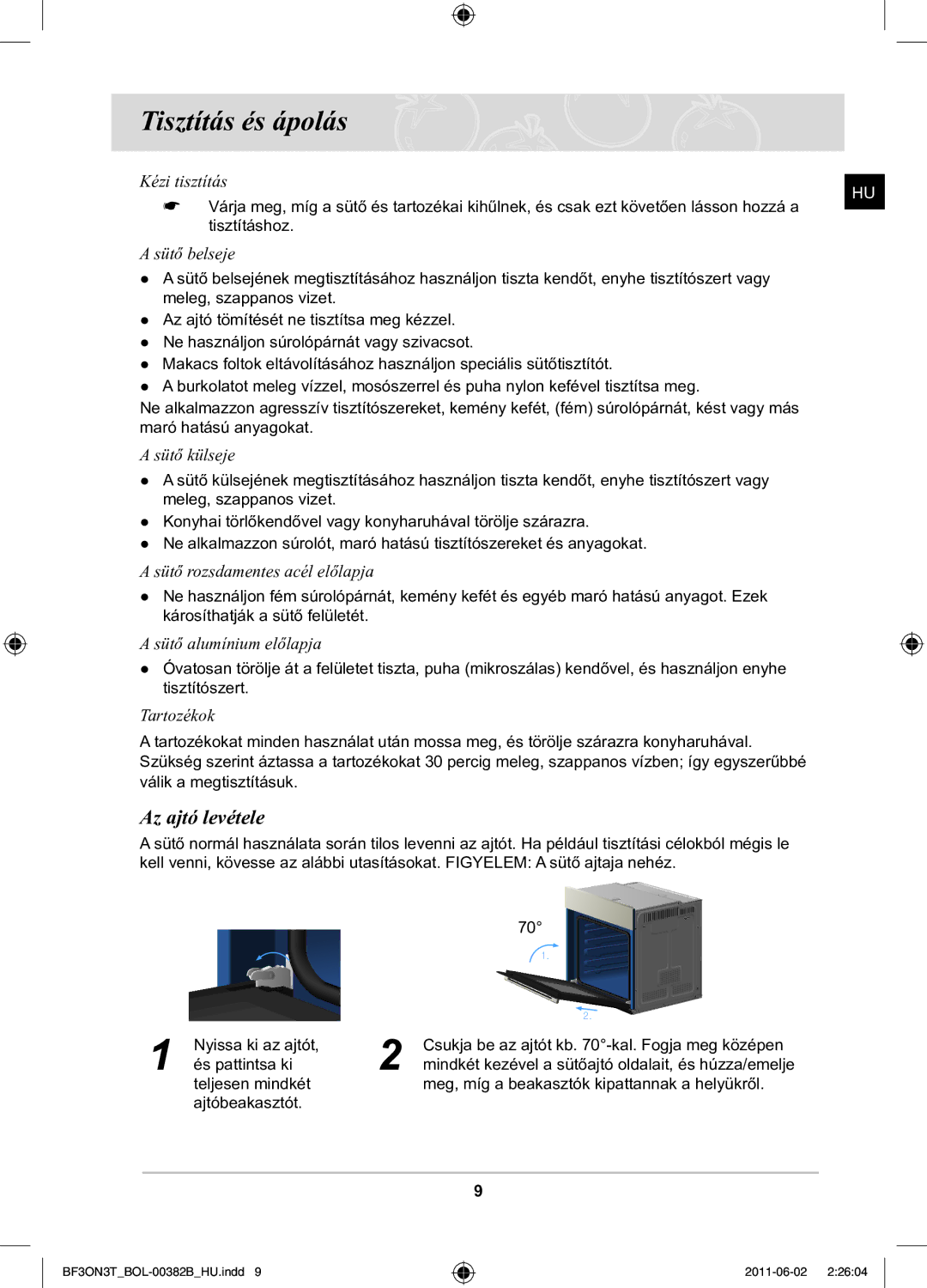 Samsung PKG100/BOL, BF3ON3T011/BOL manual Tisztítás és ápolás, Az ajtó levétele 