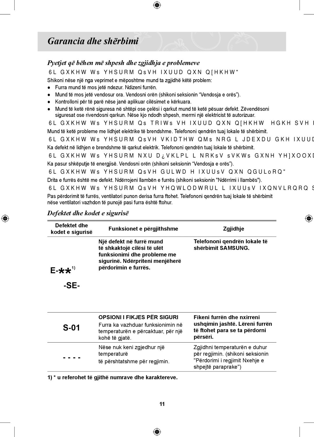 Samsung BF3ON3T011/BOL manual Garancia dhe shërbimi, Defektet dhe kodet e sigurisë, Fikeni furrën dhe nxirreni 