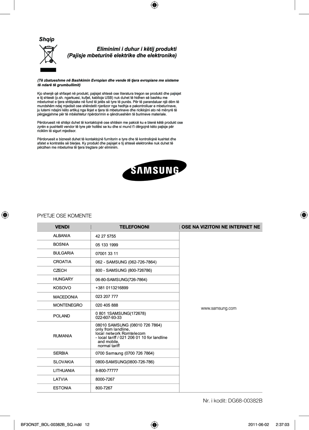 Samsung BF3ON3T011/BOL manual Nr. i kodit DG68-00382B 