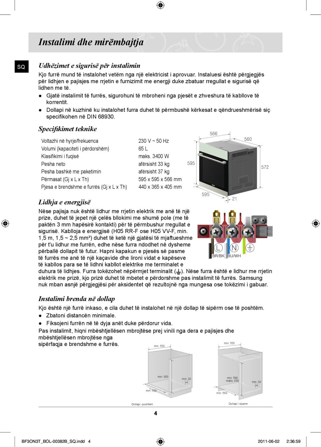 Samsung BF3ON3T011/BOL manual Instalimi dhe mirëmbajtja, Udhëzimet e sigurisë për instalimin, Specifikimet teknike 