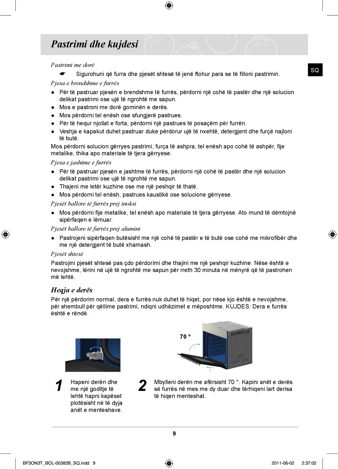 Samsung BF3ON3T011/BOL manual Pastrimi dhe kujdesi, Heqja e derës 